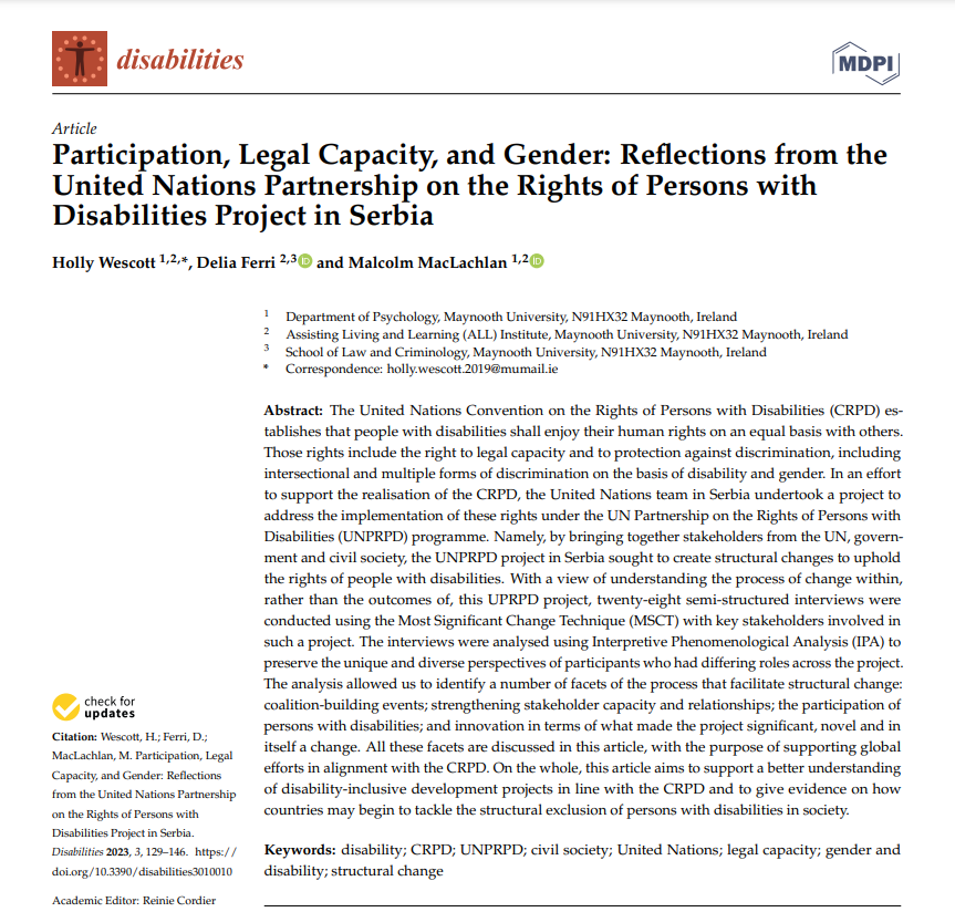 Disabil_MDPI's tweet photo. 📕Participation, #LegalCapacity, and #Gender: Reflections from the #UnitedNations Partnership on the #RightsofPersonswithDisabilities Project in #Serbia.
New article by Malcolm MacLachlan et al. from @MaynoothUni.
Full paper👉https://t.co/TfCnTLsbi4
#mdpidisabilities #disability https://t.co/SxZnRm9kr5