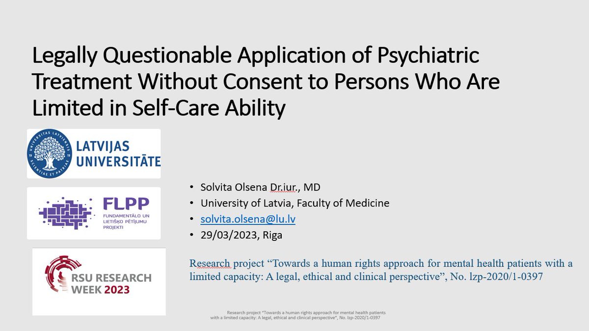 Vakar piedalījos <a href="/RSUinfo/">RSU.LV</a> rīkotajā starptautiskajā zinātniskajā konferencē un prezentēju <a href="/Zinatnespadome/">Latvijas Zinātnes padome</a> #FLPP <a href="/LU_Medicina/">LU Medicīnas fakultāte</a> pētījuma (Lzp-2020/1-0397) par cilvēktiesībās balstītu pieeju garīgās veselības traucējumu ārstēšanā rezultātus.