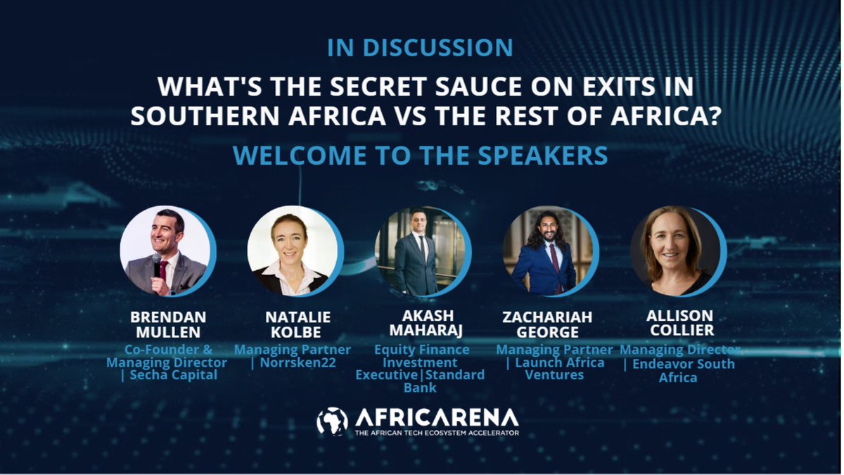 Brendan J Mullen (@brendanjmullen) on Twitter photo This was a great panel discussion about the opportunities, paths, sizes and strategies for exits in Africa.
A1: I am bullish on exits in Africa!
Thank you to the impressive panellists and moderator!
<a href="/AFRICARENA/">AfricArena</a> <a href="/zach_cpt/">Zachariah George</a> <a href="/Norrsken22/">Norrsken22</a> @launchafricavc <a href="/EndeavorSA/">Endeavor SouthAfrica</a> <a href="/SechaCapital/">Secha Capital</a> This was a great panel discussion about the opportunities, paths, sizes and strategies for exits in Africa.
A1: I am bullish on exits in Africa!
Thank you to the impressive panellists and moderator!
<a href="/AFRICARENA/">AfricArena</a> <a href="/zach_cpt/">Zachariah George</a> <a href="/Norrsken22/">Norrsken22</a> @launchafricavc <a href="/EndeavorSA/">Endeavor SouthAfrica</a> <a href="/SechaCapital/">Secha Capital</a>