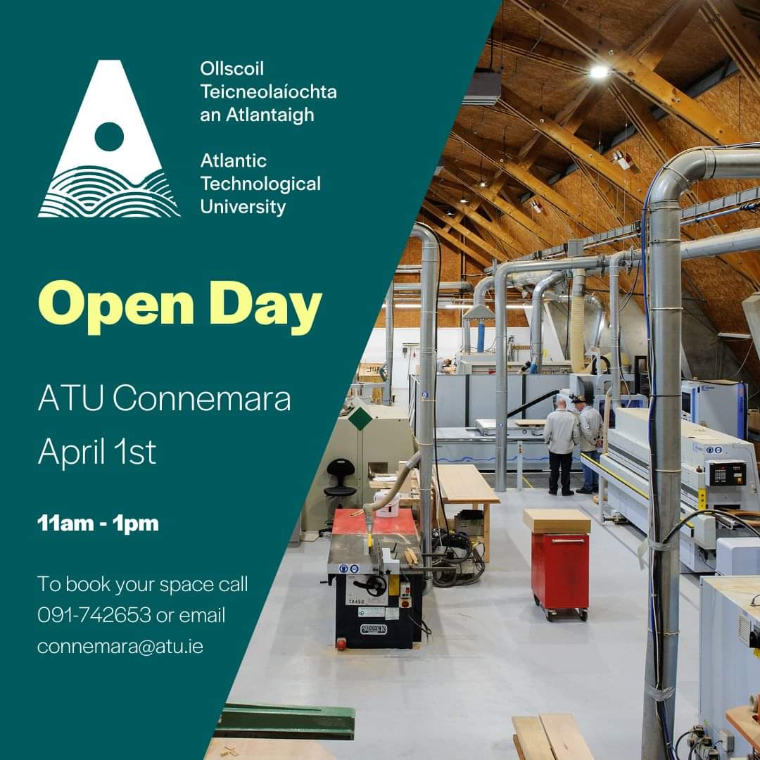 All roads lead to #atuconnemara this Saturday for our Open Day from 11.00am-2.00pm, with tour of facilities, Furniture Gallery, CNC Demonstrations, Science Lab Demonstrations, Tour of Kiln facilities, Education talk, Work Placement &amp; Careers talks. #CAO2023 #thefutureishere #atu