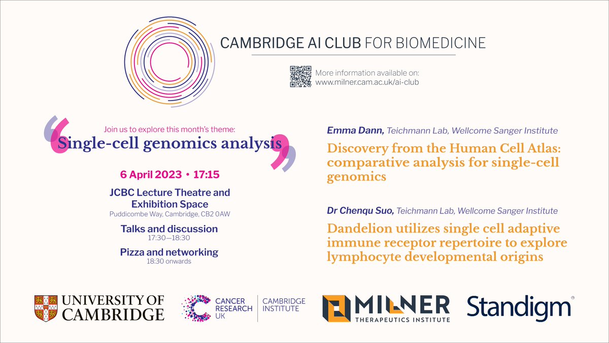 1 week to go until the next AI club meeting! Join us 6th April for talks, pizza &amp; discussion. This month we are focusing on single-cell genomics &amp; we are excited to be hosting Emma Dann @emmamarydann and Dr Chenqu Suo from the Teichmann lab <a href="/teichlab/">Teichlab</a> <a href="/sangerinstitute/">Wellcome Sanger Institute</a> <a href="/CRUK_CI/">CRUK Cambridge Institute</a>