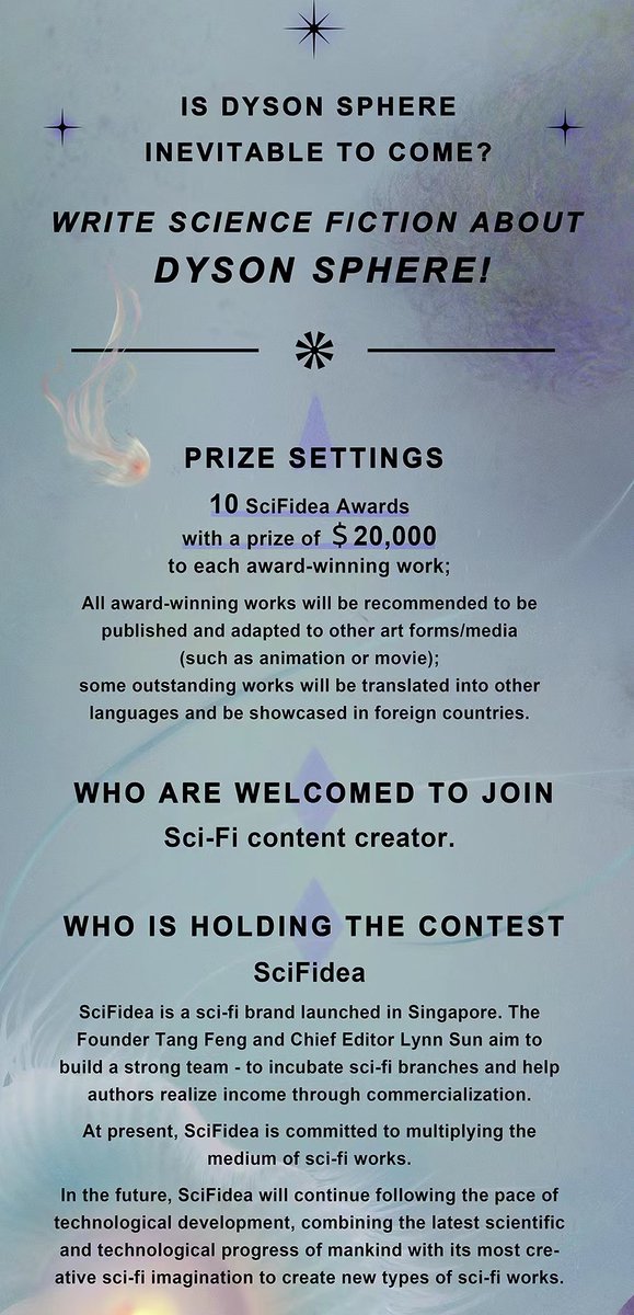 DysonSphere15's tweet photo. TODAY IS THE DAY! Our SciFidea Award - Dyson Sphere Science Fiction Writing Contest is officially opening🥳🥳🥳
💵💵💵💵💵💵💵💵💵💵
Ten US$20,000 prizes for the best science-fiction novels telling the story of a Dyson sphere... https://t.co/bdrhBRfNW3