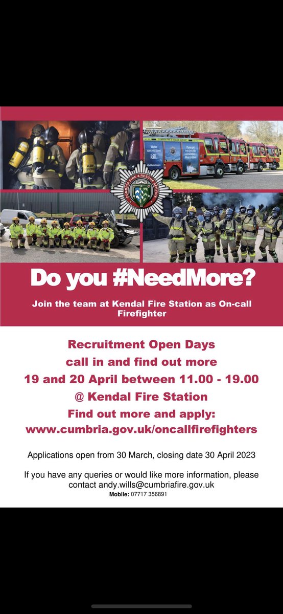 Kendal Fire Station are recruiting for On Call Firefighters.  To find out more and apply visit cumbria.gov.uk/oncallfirefigh… Alternatively, call in to one of our recruitment open days at Kendal Fire Station on the 11th &amp; 12th April between 11:00 and 19:00