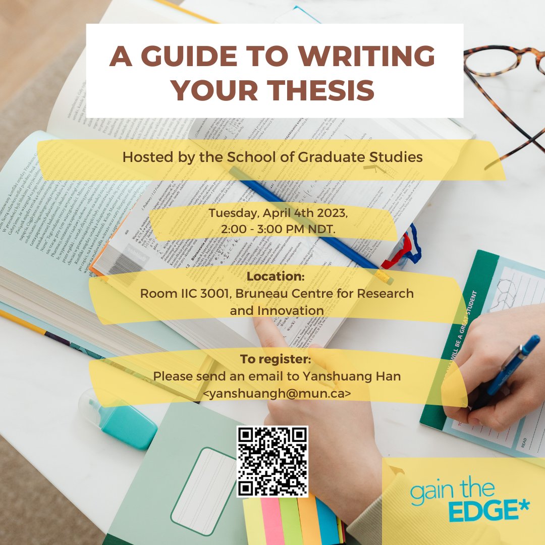 MUN_EDGE's tweet photo. Feel at a lost when it is time to write your thesis?  This talk provides an easy to follow process on writing a thesis from start to finish.  It will also discuss what examiners are looking for when they are examining a thesis. @MemorialU 
Everyone is welcome to join us! https://t.co/1LarH90VsP