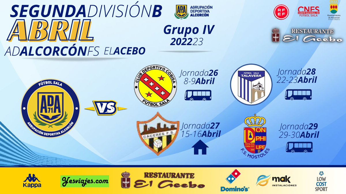 ADAlcorconFS's tweet photo. PRIMER EQUIPO 2.ªB
PARTIDOS ABRIL 2023 |

Estos son los partidos de Liga que jugaremos este mes de ABRIL.

#ADAFS EL ACEBO @acebo_el
🆚️
2️⃣6️⃣🚌 @cdecobisafs YA JUGADO
2️⃣7️⃣🏠 @CaceresUExFS
2️⃣8️⃣🚌 @FS_Talavera
2️⃣9️⃣🚌 @1mostolesfs

#123Alcorcón
#ConElCorazónEnLaPista 💛 https://t.co/mXKmxI0ujg