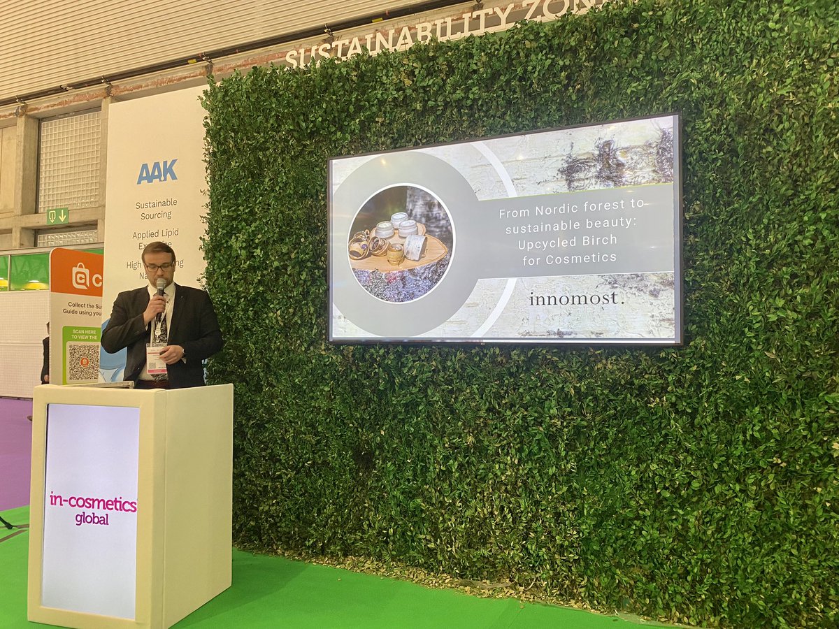 Our CEO and founder @SamiSelkala presented at @incosmetics Global how by following the principals of circular economy we @innomost can help our customers to meet their green goals. #upcycled #sustainable #biodegradable #ingredients #cosmetics #CircularEconomy