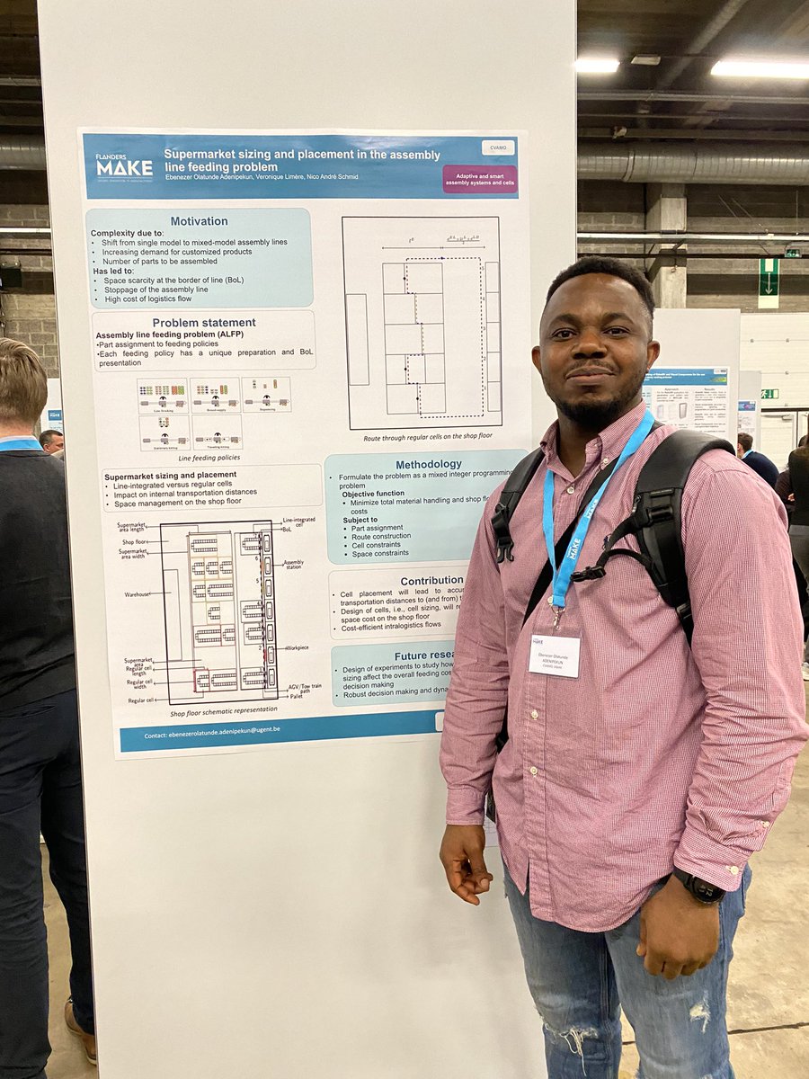 CVAMO_UGent's tweet image. Ebenezer is presenting his #CVAMO research titled “Supermarket Sizing and Placement in the Assembly Line Feeding Problem” (co-authors: @Vero___nique, Nico André Schmid) at the @FlandersMake Scientific Conference at Antwerp Expo. #ALFP #FlandersMake