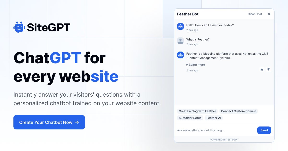 Finally launching SiteGPT.ai 🚀🚀

Now, you can create a ChatGPT-like chatbot trained on your website content.

It will know everything about your website and it replies based on that content.

Took a lot more time to get this launched than I initially expected 😅