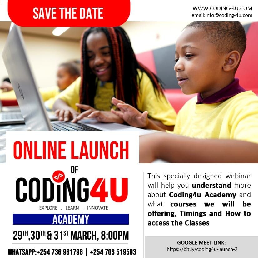 coding_4u's tweet image. #coding4u

LAUNCH OF APRIL CODING CLASSES

 NEXT CODING CLASS STARTS 4th APR 2023

CLICK LINK BELOW TO REGISTER FOR THE ZOOM CALL

bit.ly/coding4u-launc…

Once you register, an email will be sent with the Zoom Link to Join Meeting

Kindly confirm attendance on info@coding-4u.com