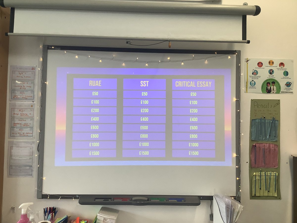 MsMcDougallEng's tweet photo. Nat 5 finished off the term with some revision Jeopardy. Between having the quietest class I’ve ever known for an in your own words tie breaker and the quickest PEAR paragraphs I’ve ever seen written, I think it’s safe to say they got into it 😳 @BAEnglish6 https://t.co/akAja17UoT