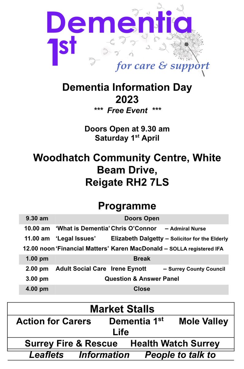 Dementia1st's tweet photo. @volunteerTVA @varb @CSVACTION @reigatebanstead @ForReigate @T66018937R @BansteadRotary please retweet Dementia Information Day THIS SAT @SurreyHeartland @CarersSurrey @MindMattersSABP @DementiaUK @SurreyMirrorGo @ageconcernbanst @Crossroadsurrey @HW_Surrey @molevalley_life https://t.co/0WVLsd2PiD