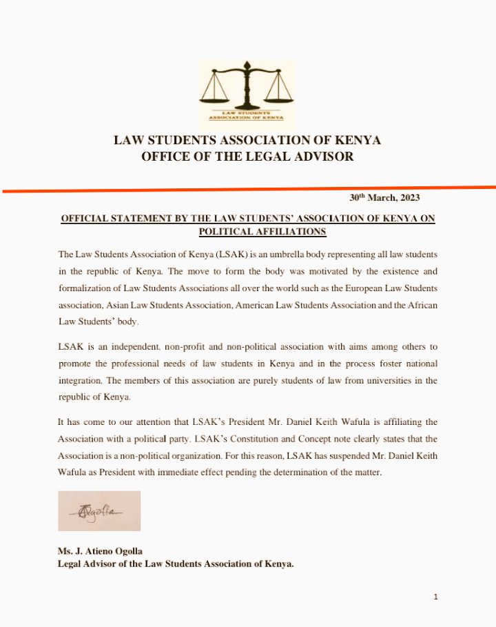 The Law Students Association of Kenya is a non-political organisation and it will not be used by anyone to further their political ambitions. 
<a href="/SirDanWafula/">Keith Daniel</a>