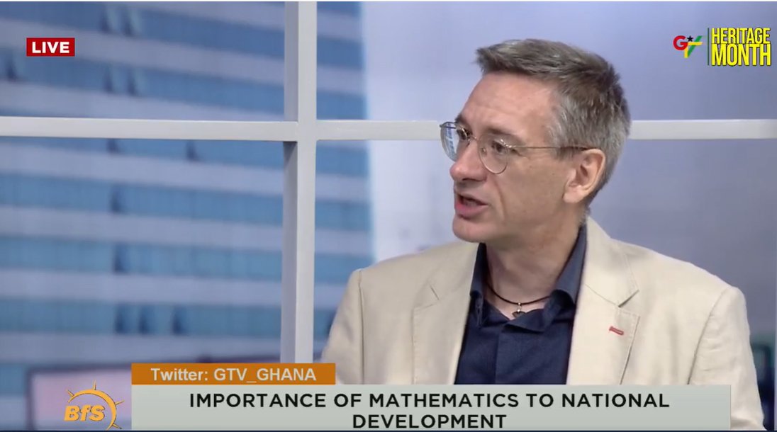 AIMSGhana's tweet photo. #TBT: "Math &amp; statistics are about taking data/ information &amp; logically analyzing the problems to make good decisions for the future. This is absolutely central to sustainable development" - @NickMonk14 via @thegbcghana #BreakfastShow #IDM2023 
Watch here: https://t.co/Ie1gDBFko7 https://t.co/3sC7gMeRFR