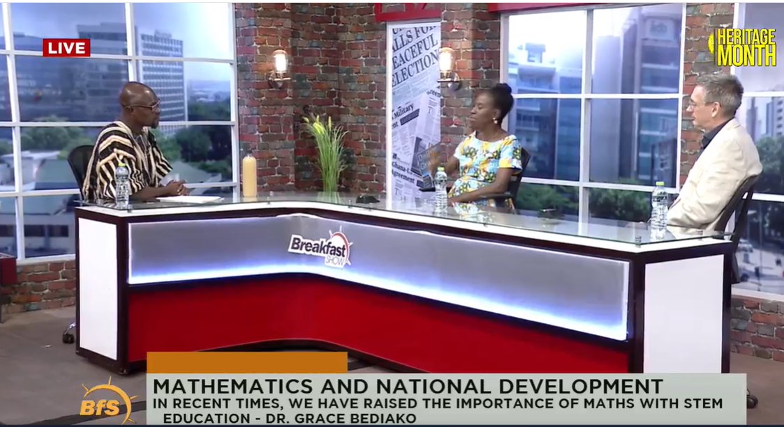 AIMSGhana's tweet photo. #TBT: "Math &amp; statistics are about taking data/ information &amp; logically analyzing the problems to make good decisions for the future. This is absolutely central to sustainable development" - @NickMonk14 via @thegbcghana #BreakfastShow #IDM2023 
Watch here: https://t.co/Ie1gDBFko7 https://t.co/3sC7gMeRFR