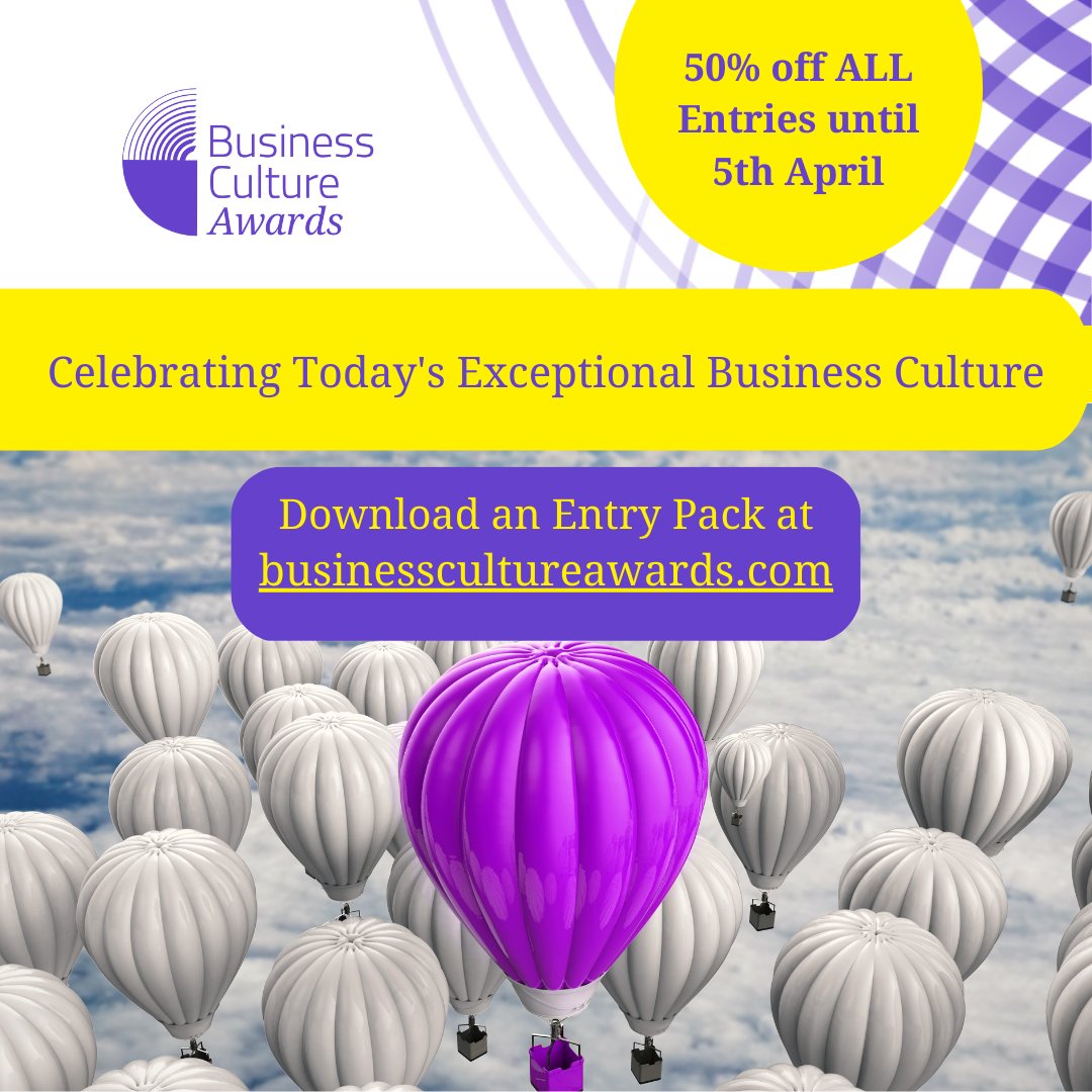 Want to share your approach to improving workplace culture in 2023? Don't miss out on Earlybird entry - 50% discount (when you pay for entries by 5th April and submit as usual by 30th June) businesscultureawards.com #companyculture #EmployeeExperience #BusinessCultureAwards