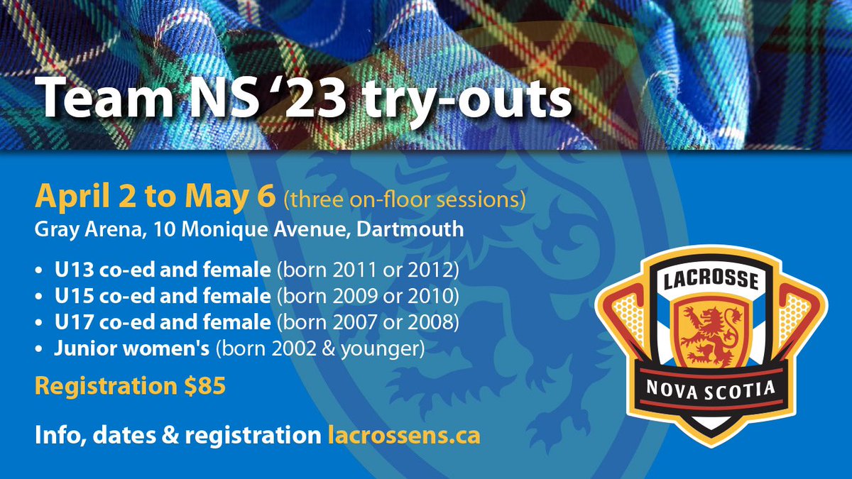 Wanna play provincial? Team NS has set its schedule for try-outs! Check your division, and attend any/ all. Info, dates and registration:
lacrossens.ca/news.php?news_…
