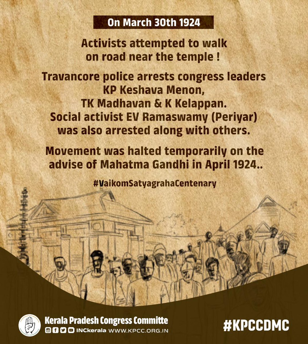 INCKerala's tweet photo. Vaikom Satyagraha played a crucial role in raising awareness about the issue of caste discrimination and untouchability in India, and paved the way for future social justice movements in the country. #VaikomSatyagrahaCentenary https://t.co/sbhgfNGv8s