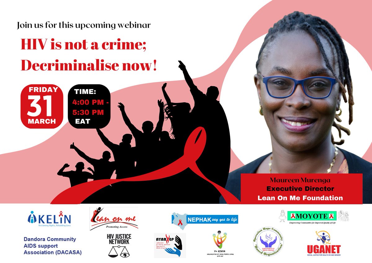 Criminalisation of HIV perpetuates stigma and discrimination. People living with HIV need to live without fear or exclusion. Join @maureenmurenga in discussing the impact of stigma and discrimination and how to end this! Register: us02web.zoom.us/meeting/regist… #PositiveJustice