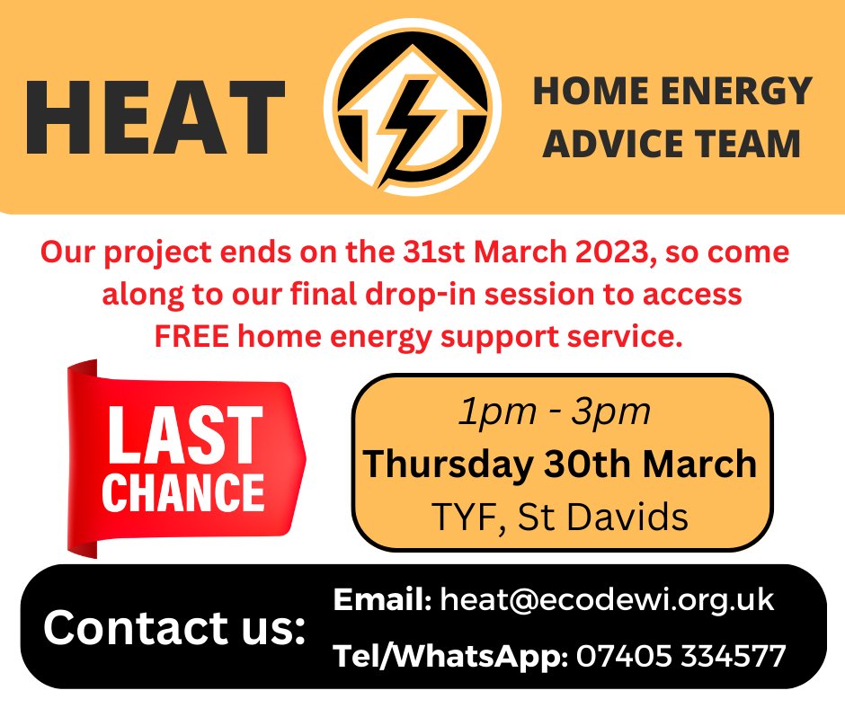 EcoDewiGroup's tweet photo. Last chance for FREE home energy advice today. We'll be at @TYFAdventure Hub, #StDavids High Street, from 1-3pm. We can help check you are getting all the benefits & support possible & answer any energy questions. Project ends tomorrow #energyadvice #community #stdavidspeninsula https://t.co/C19xE9qFgw
