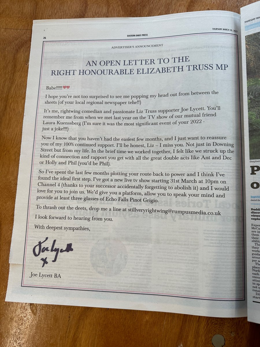 Paid to have an open letter to Liz printed in her local constituency paper lol 

#lycettwantsliz