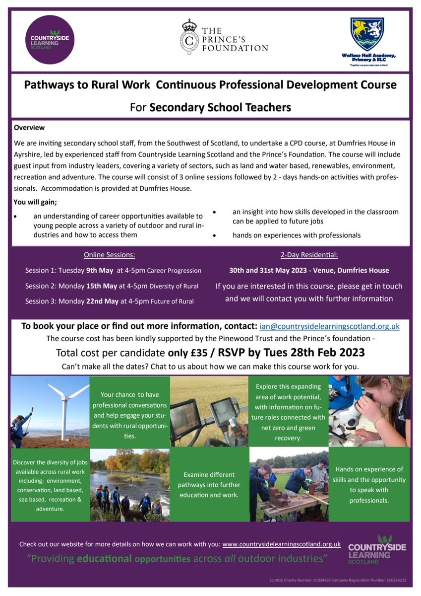We have a few spaces left on our online and residential #Pathways2RuralWork teacher training event run in partnership with #dumfrieshouse #wallacehall Academy. The event is open to secondary school educators.
@ScottishAssociationofGeographyTeachers @DYW