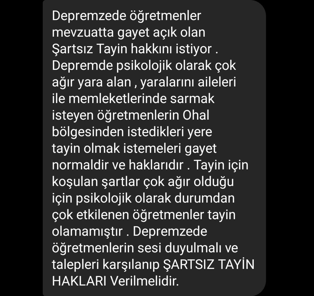 ogretmenlersyfs's tweet photo. Depremzede Öğretmenlere şartsız tayin olma hakkı verilmelidir! https://t.co/TxLLb0SfIt