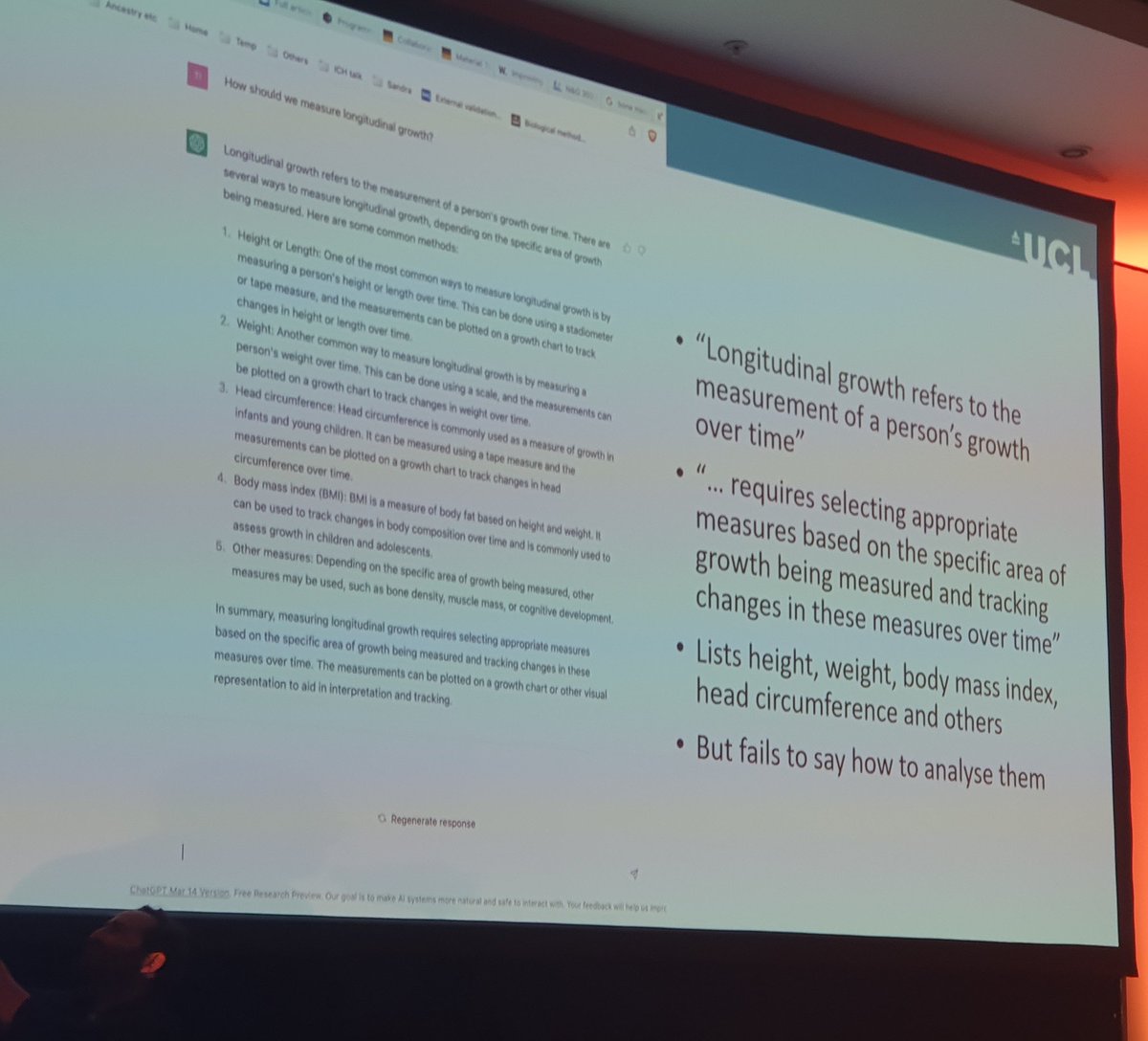 #NutritionandGrowthcongress2023 the ChatGPT answer to 'How to measure longitudinal Growth' . Legendary Prof. Tim Cole educating on growth assessment