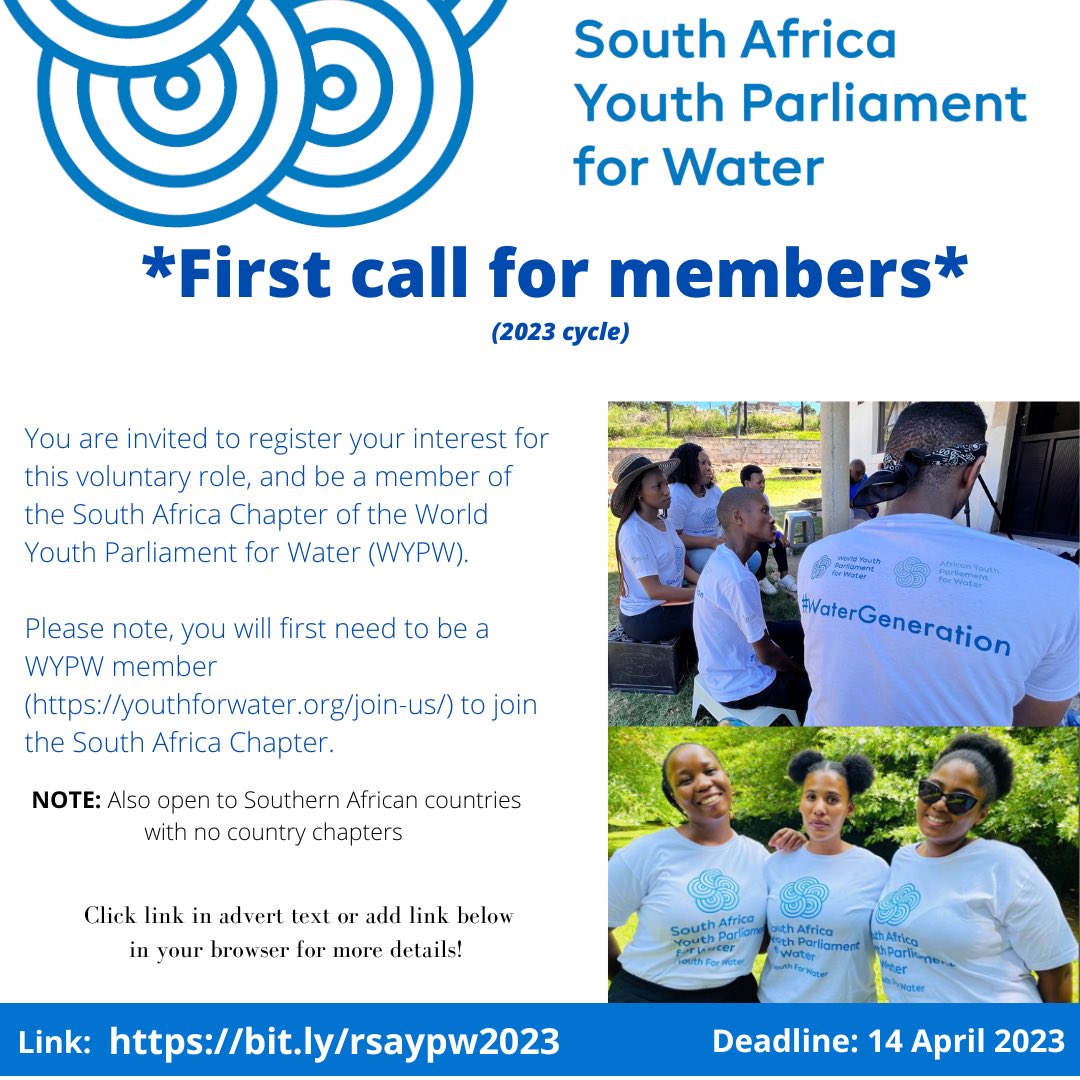 rsaypw_official's tweet photo. 📢  ANNOUNCEMENT: First call for members 2023!

Are you interested in:
💧SDG6
💧Advocacy
💧Youth Development 

If you answered yes to these questions then you are who we are looking for!

Link: https://t.co/mnO1P3m8P4

Deadline: 14 April 2023, 23:59 (South African Standard Time) https://t.co/jNJKQC2gf6