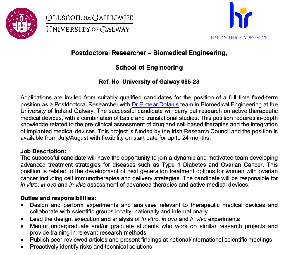 🚨We are recruiting! Postdoc position available to join our team @Bio_Eng_NUIG @uniofgalway to work on our IRC Laureate Starting Award on therapeutic medical devices for ovarian cancer. Informal enquiries and RTs welcome! Full description here: nature.com/naturecareers/…