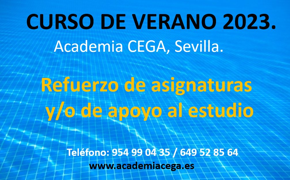 #CURSOdeVERANO 2023 en la Academia #CEGAenTriana Sevilla. Refuerzo de asignaturas y/o #Apoyoalestudio  
Más información en el 📞 649 52 85 64 o visita nuestra web👉 academiacega.es 👈