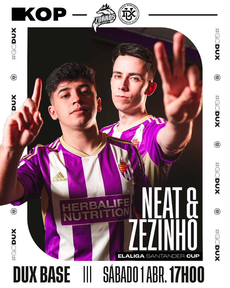 mariofernandez's tweet photo. ¡Este sábado te invitamos a ver la final de eLaLiga Cup en la DUX BASE!

@Neat11O y @Zezinho23xX buscarán levantar la cuarta copa para el DUX x @realvalladolid 

¡Pincheo de @_TheGamingFam, sorpresas y la mejor compañía!

¡Corre que hay plazas limitadas!
https://t.co/4A7JUChYac https://t.co/wGspMV32js