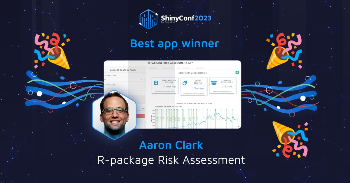 AaronClark12's tweet photo. Presented {riskassessment} app at @appsilon 's Shiny Conf and to my surprise, we won "Best App" by popular vote! Huge thanks to the current &amp; past dev teams!

Talk: https://t.co/oBwGeqidXd
Demo app: https://t.co/EJUQ4uQQXG
GitHub: https://t.co/xpm6NVaCmR

#rstats #shiny https://t.co/HXwuByFR8o