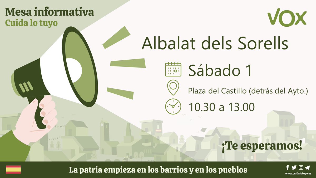 📢 Nuevas mesas informativas para este fin de semana en la provincia de Valencia.

📆 Viernes, 31 de marzo, y sábado 1, de abril de 2023.
📍 Estaremos en #LaPoblaDeFarnals, #Alacuás, #Albal, #AlbalatDelsSorells

¡Encuentra la tuya!

HILO ⤵️