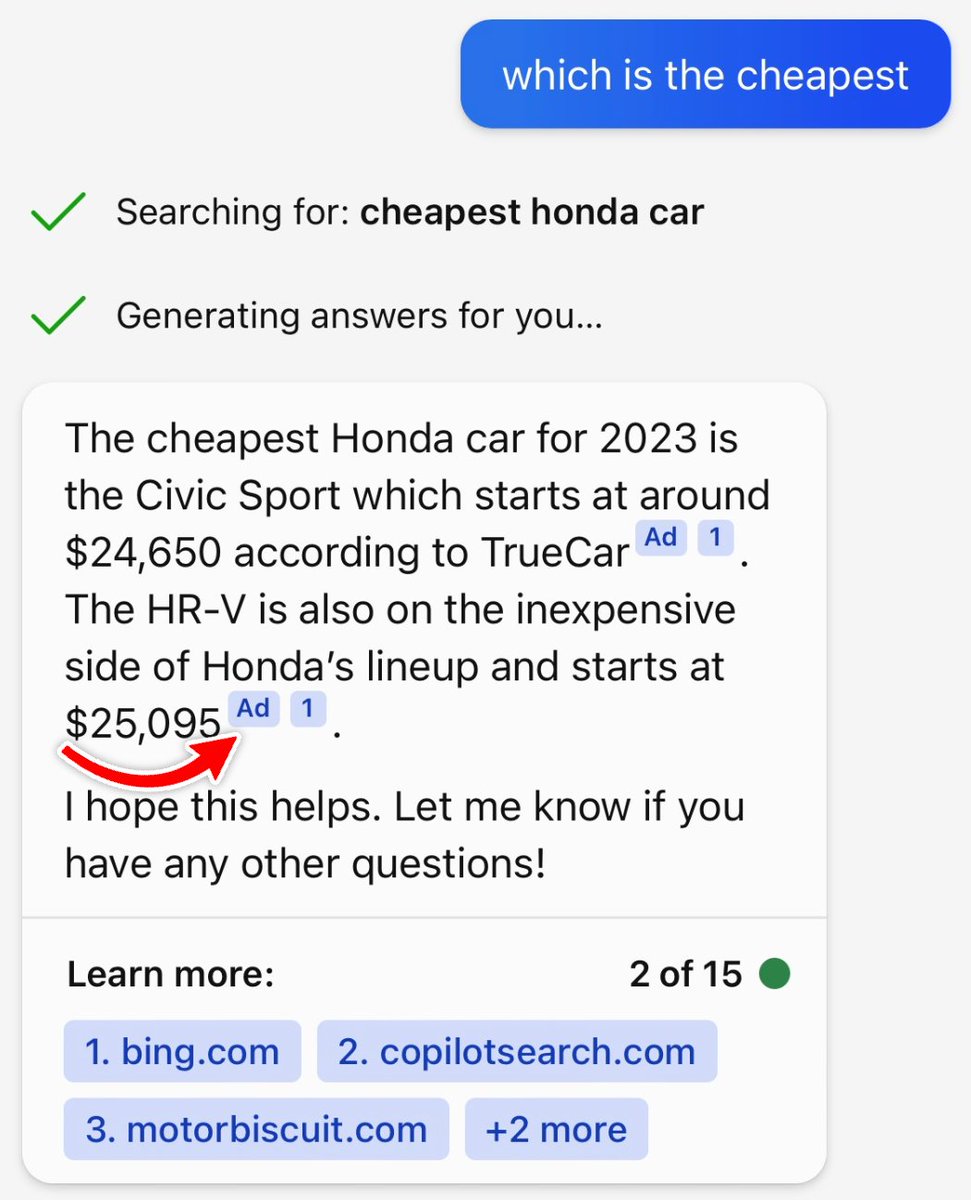 ... and there I was, rather foolishly wishing that those ads would never appear in conversational interfaces! 😁

Ads are now in Bing Chat, and the SEO/SEM space will never be the same again!