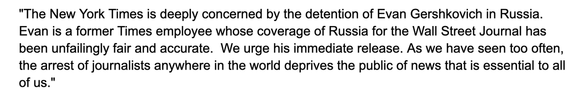 NYT's statement on Russia's deeply troubling detention of WSJ's Evan Gershkovich. 'We urge his immediate release. As we have seen too often, the arrest of journalists anywhere in the world deprives the public of news that is essential to all of us.'
