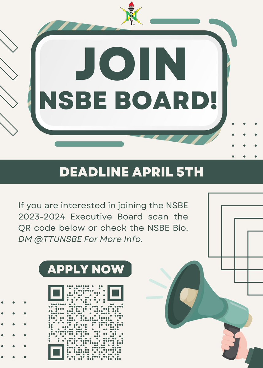 TTU NSBE is opening up applications for executive board positions next school semester. We have multiple positions available. Please scan the QR code or follow this link : forms.gle/moVWbX1pERxVez… . For more information please dm @ttunsbe . 

Applications close April 5th! 📝