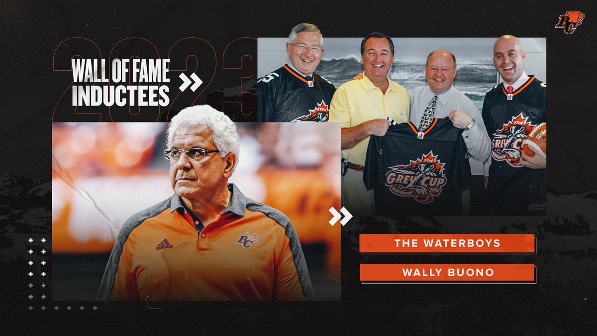 New inductees, familiar faces. CFL all-time wins coach, Wally Buono as well as the founders of the Waterboys - Dennis Skulsky, Moray Keith, Jamie Pitblado and Tom Malone will be added to the club’s Wall of Fame on Saturday, August 12. #bclions  READ 📝 |  bit.ly/42Q9DGa