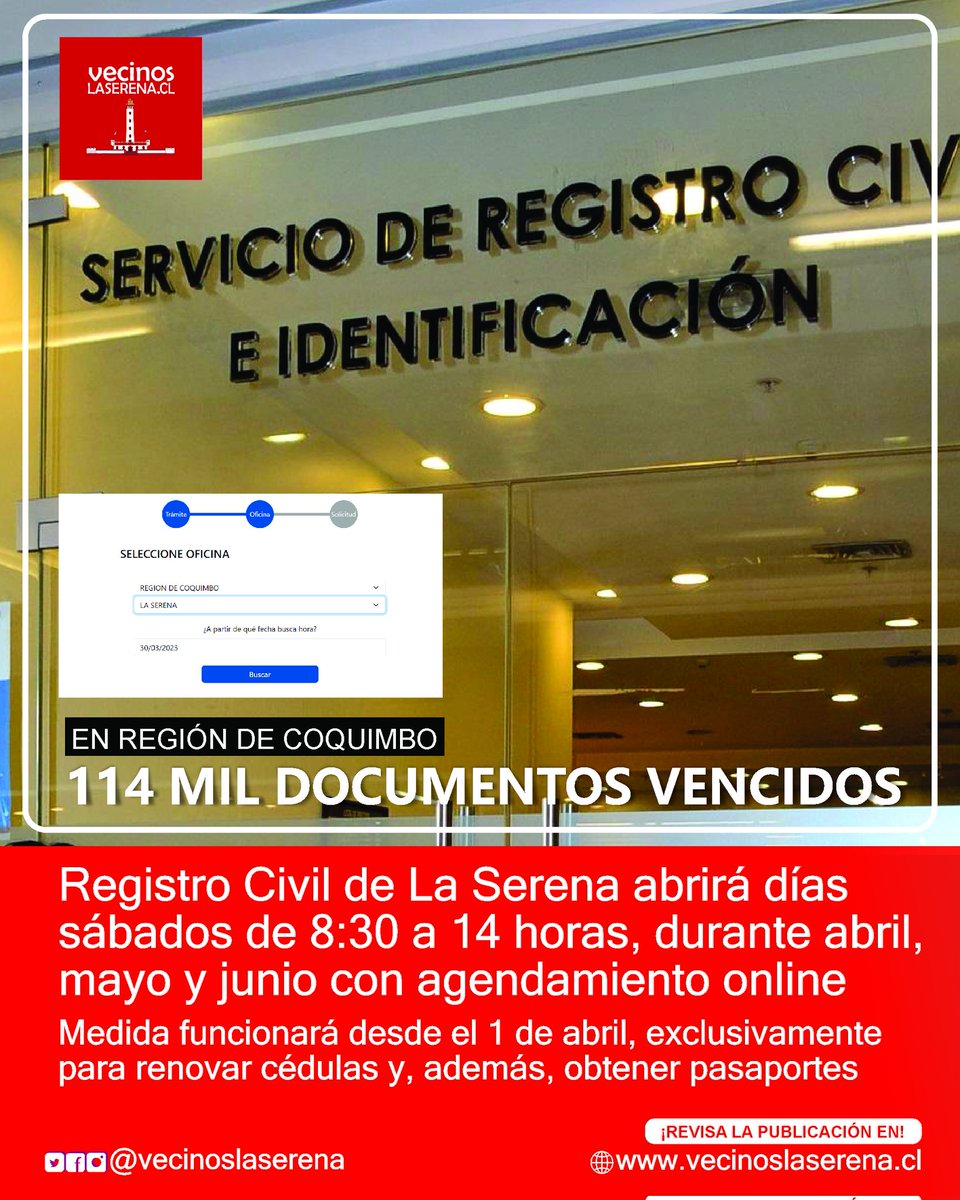 vecinoslaserena's tweet photo. 🪪 Registro Civil de La Serena abrirá días sábados de 8:30 a 14 horas, durante abril, mayo y junio con agendamiento online. Medida funcionará desde el 1 de abril, para renovar cédulas y obtener pasaportes. @RegCivil_Chile @Minjudhcoquimbo 

🌐 Ver publicación en https://t.co/tbhSXeDq4u