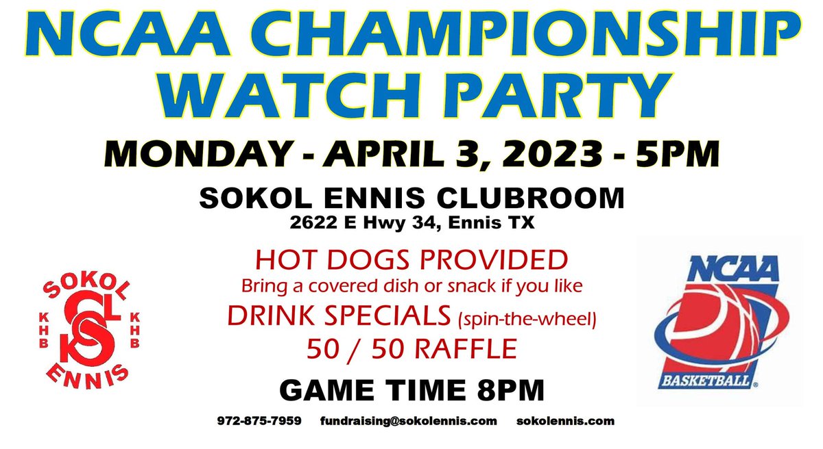 Come for the bluebonnets, stay for the NCAA Championship Final watch party! Monday, April 3rd, doors open at 5pm at the Sokol Clubroom, 2622 E Hwy 34, Ennis TX.