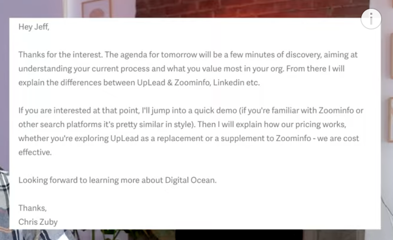 UpLeadHQ's tweet photo. Step 5. Set the agenda for the call
Jake passed the lead and called Chris our director of Global Sales.
Chris immediately got an email from the lead asking for an agenda for the 15-minute call.
So Chris sent this:
#ColdCallTips https://t.co/6TGiyfOfad