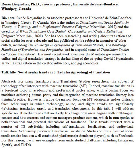 Join us online at 4pm (BST) on Monday 3rd for our next research seminar, with Dr Renée Desjardins. Stay tuned for the session link! 
#translation #socialmedia