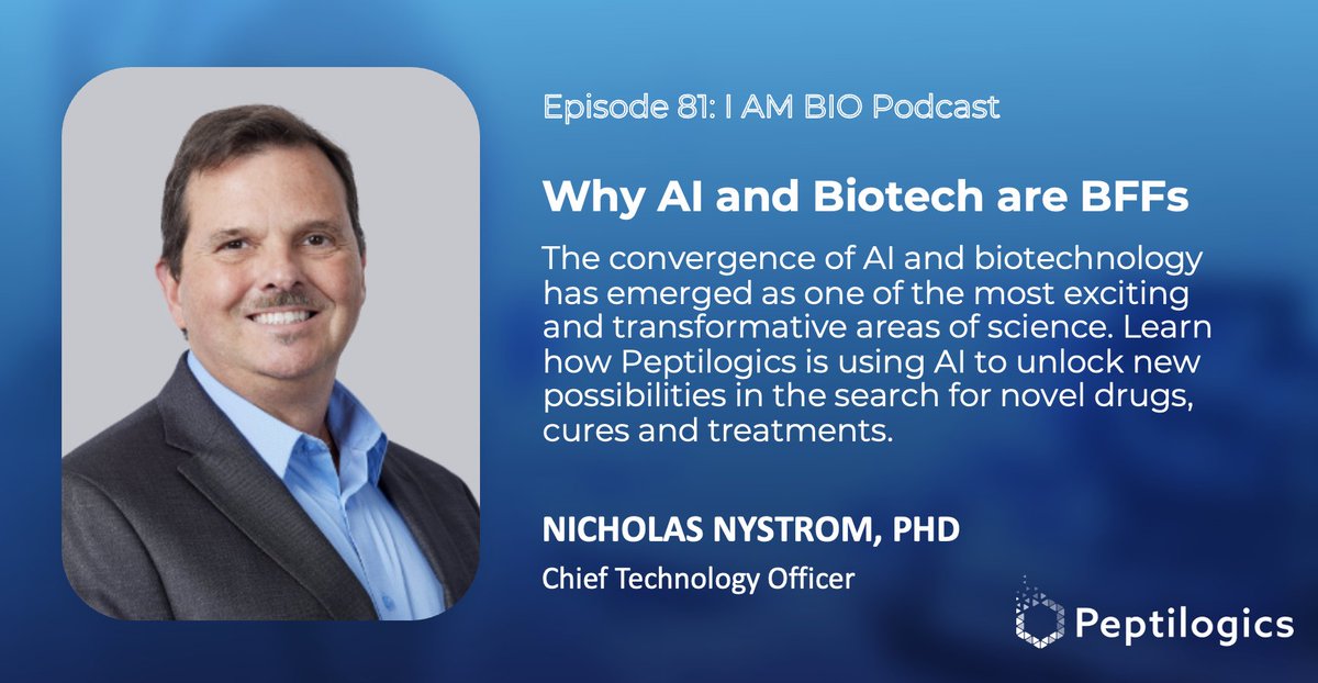 Peptilogics, Inc. (@peptilogics) on Twitter photo Our CTO, Nicholas Nystrom, recently appeared on <a href="/iambiotech/">Biotechnology Innovation Organization</a>'s I AM BIO podcast to discuss the power of #AI in drug discovery.
Tune in to hear how Peptilogics is using AI to accelerate the development of novel #peptide therapeutics: bit.ly/42zqrRG Our CTO, Nicholas Nystrom, recently appeared on <a href="/iambiotech/">Biotechnology Innovation Organization</a>'s I AM BIO podcast to discuss the power of #AI in drug discovery.
Tune in to hear how Peptilogics is using AI to accelerate the development of novel #peptide therapeutics: bit.ly/42zqrRG