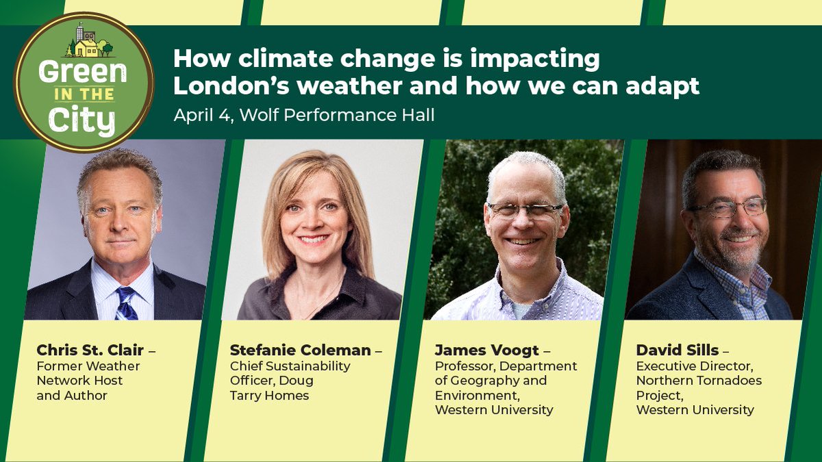 If in the London area on Apr 4, join me for a discussion about London’s weather and how you can take climate action.
I’ll be part of a panel of experts participating in Green in the City at Wolf Performance Hall.
Learn more: bit.ly/40LUUKq 
#LdnOnt | #LdnOntClimateAction