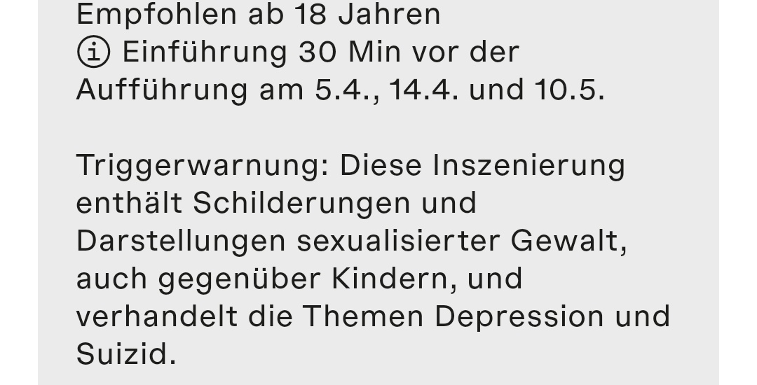sohavie's tweet photo. Ich glaub ich spinne. Das Schauspielhaus Zürich hat bei Sarah Kanes "Gier" eine Triggerwarnung. No na net geht es in diesem Stück um diese Themen. Ich habe es 2000 mit 17 beim steirischen herbst in Graz auf der Probebühne gesehen. In Zürich dürfte man in dem Alter nicht mal rein. https://t.co/t42xiBRNWp