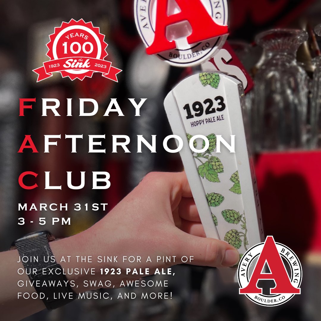 Join us tomorrow at The Sink for FAC! We've collaborated with <a href="/sinkburger/">The Sink</a> to brew a commemorative centennial beer, 1923 American Pale Ale, which will be available for you to try. Enjoy free live music, food and drink specials, and 25% off merchandise. See you soon 🍻🎉