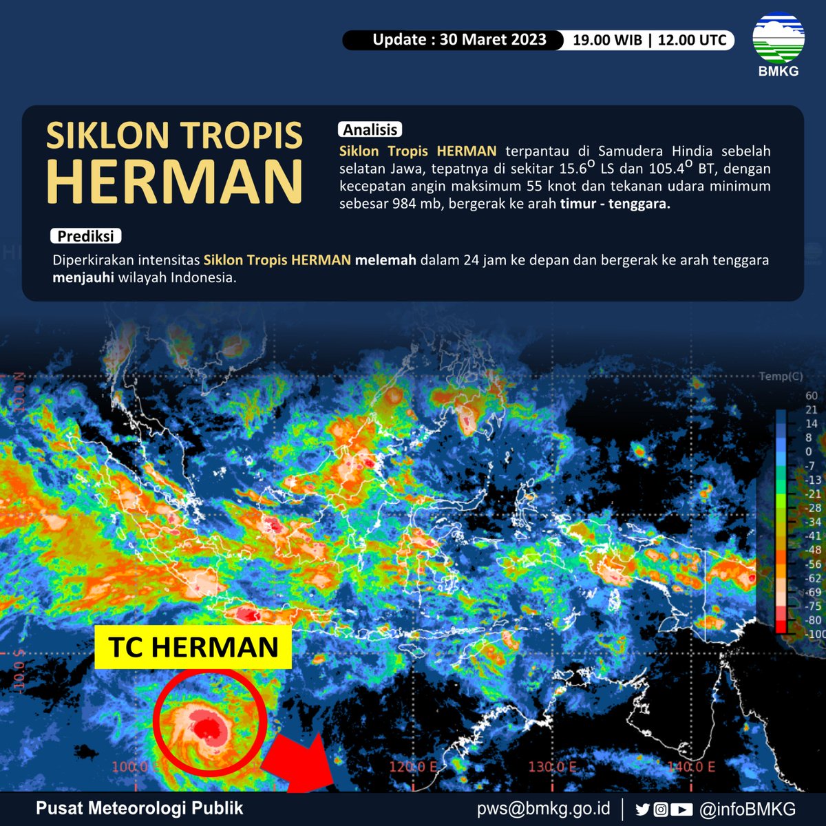infoBMKG's tweet photo. Sobat BMKG,

Siklon Tropis HERMAN terpantau di Samudera Hindia sebelah selatan Jawa.

Diperkirakan intensitas Siklon Tropis HERMAN menurun dalam 24 jam ke depan dan bergerak ke arah tenggara menjauhi Indonesia.

#siklontropis #markicugrafis #infobmkg #30maret2023pws https://t.co/jVLDX5lU1v