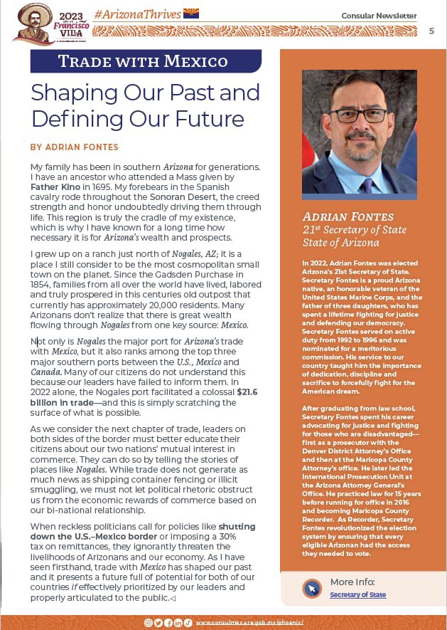 ConsulMexPho's tweet photo. 📢The 15th edition of our #ConsularNewsletter includes an insightful article from Arizona's SOS, @Adrian_Fontes.
He highlights the relevance of better educating communities on the AZ-MX relationship since our past, present & future are intertwined🤝.
🔎: https://t.co/S78qQetyf6 https://t.co/JMBShVe51u