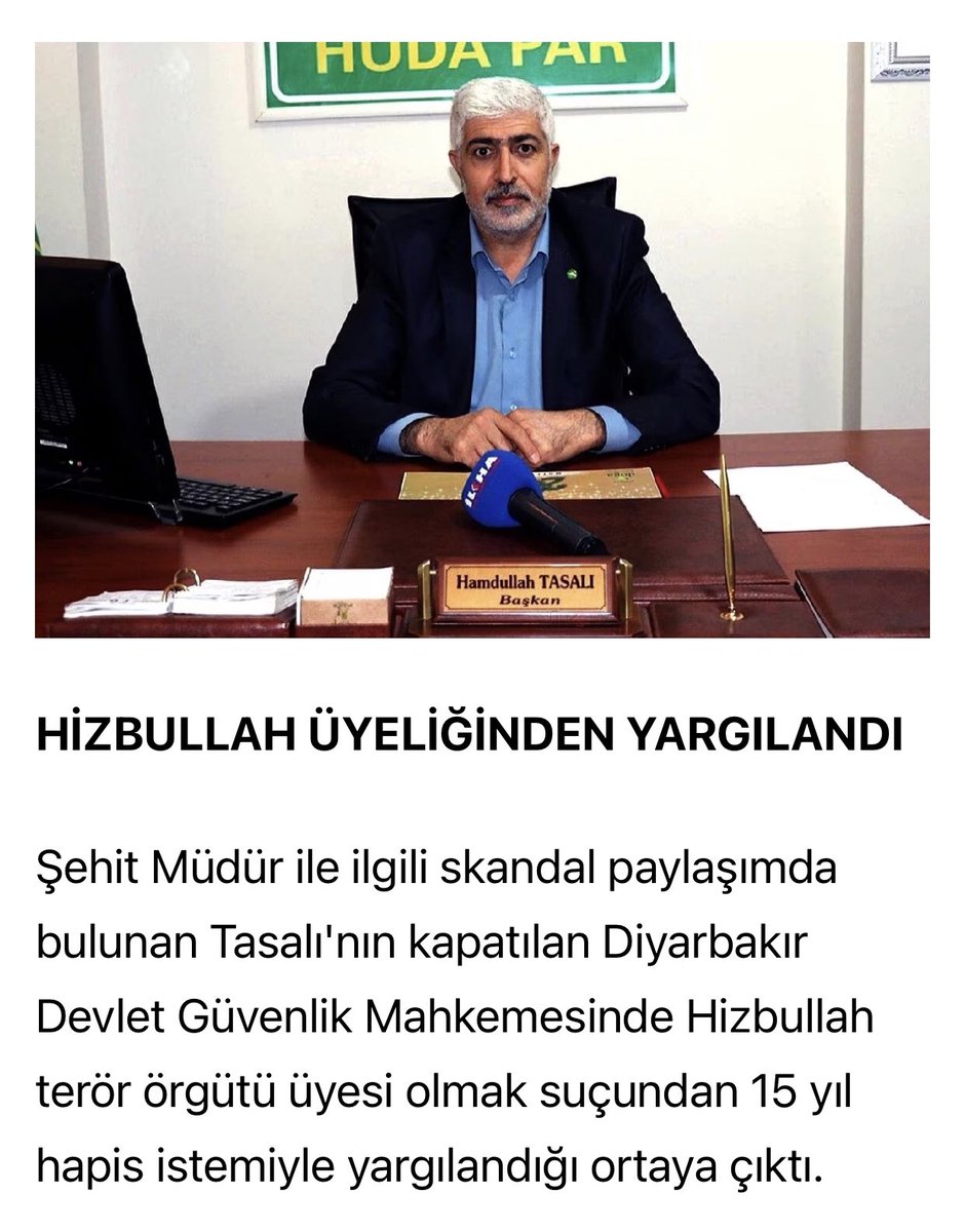 Şehit Gaffar okan için PKK’ya hizmet etti diyen HÜDAPAR genel başkan yardımcısı Hamdullah Tasalı,  Hizbullah üyeliğinden yargılandığı, bir yıl hapis yattığı ve topluma kazandırma yasasından yararlandığı ortaya çıktı. 
AKP ve MHP’nin ortağı
sozcu.com.tr/2023/gundem/hu…