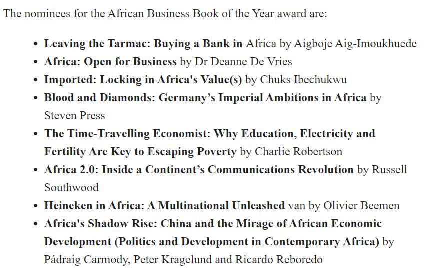 Here are the Business Council for Africa's nominees for African Business Book of the Year

How many of them have you read &amp; who are you rooting for? 👀

They're all winners, but as for us, given our interest in Africa's innovation economy, we're rooting for <a href="/BalancingActAfr/">Russell Southwood</a> 💪🏽