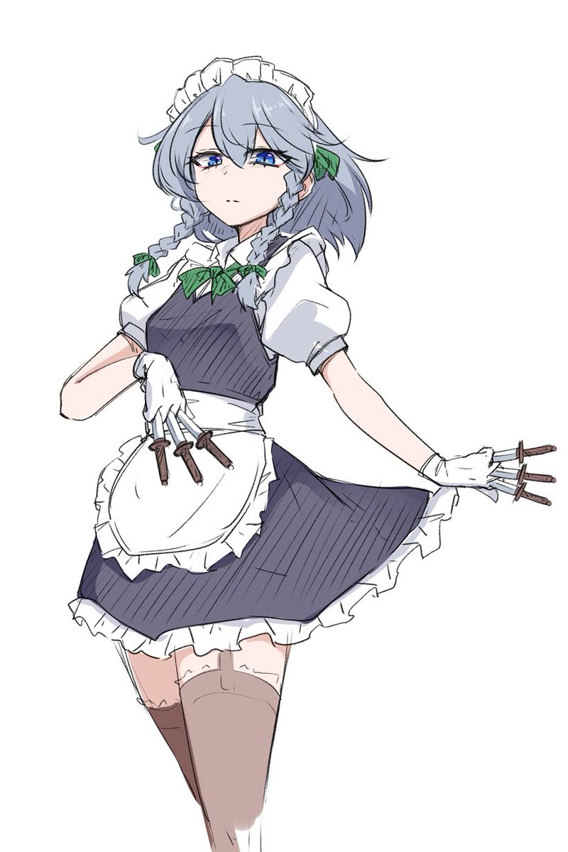 izayoi sakuya 1girl solo braid maid headdress thighhighs apron blue eyes  illustration images